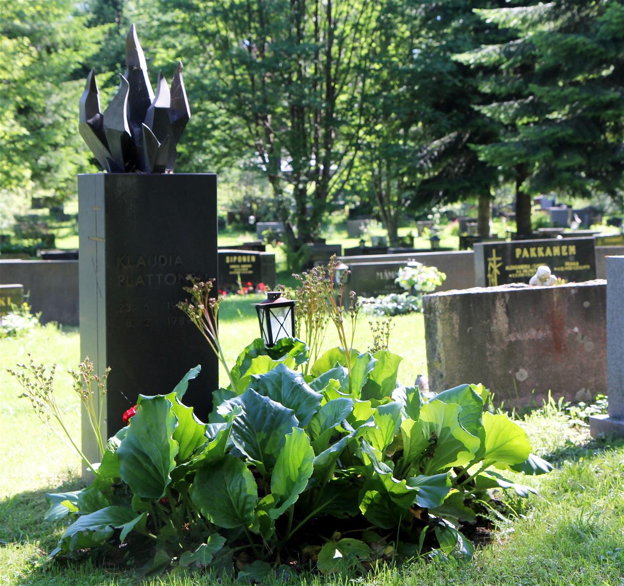 Suorakulmion muotoisen graniittipilarin päässä liekkejä esittävä graniittiveistos. Muistomerkin edessä on istutuksia. Ympärillä on hautausmaa.